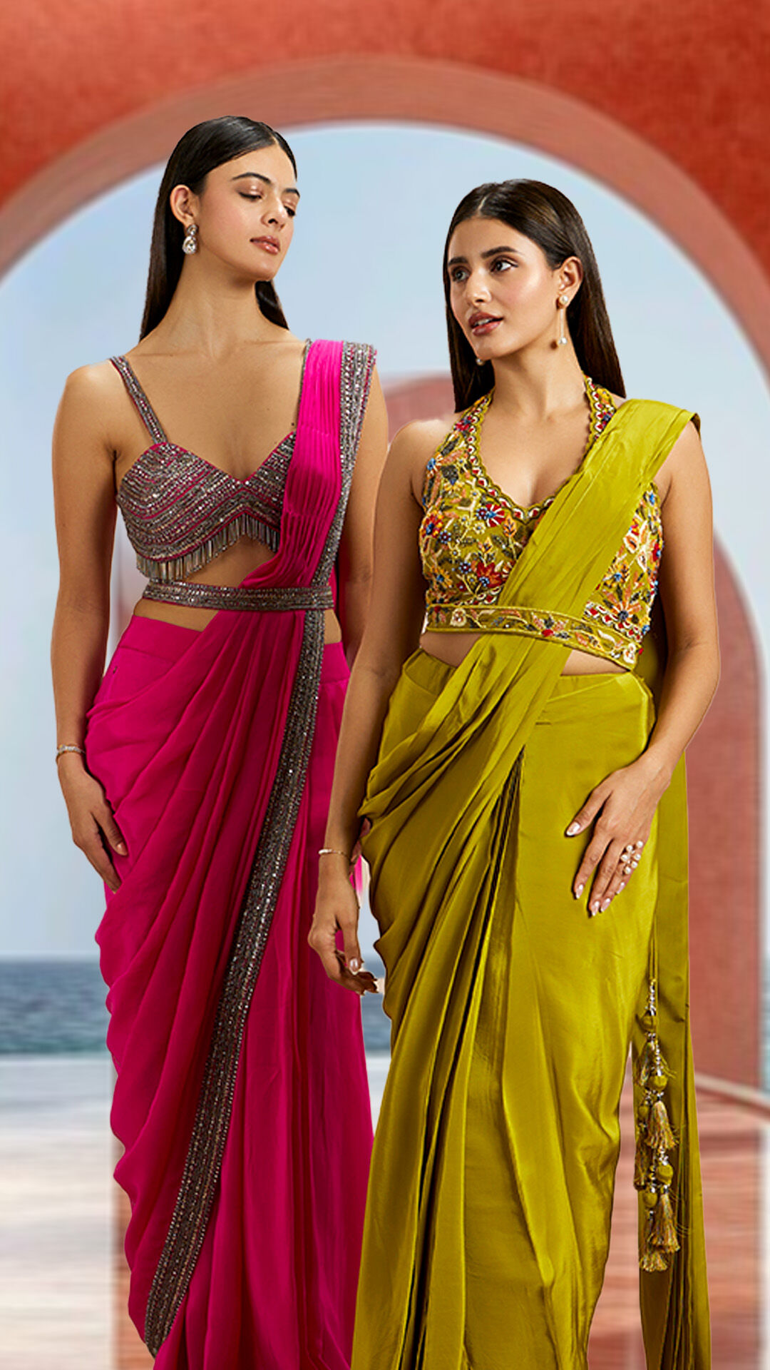 Womens wearing beautifull pink and green sarees for wedding  ceremony